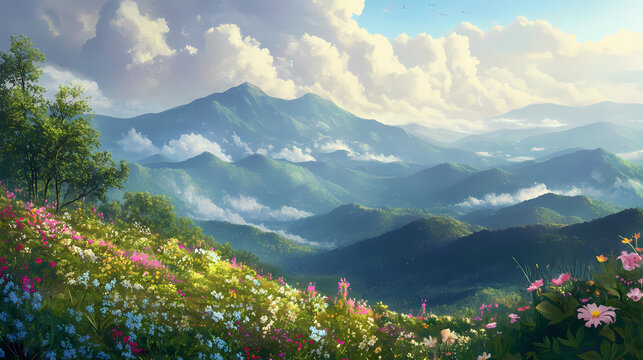 Virginia's blue ridge mountains: majestic peaks rise above the clouds, their slopes blanketed in lush greenery and dotted with wildflowers. Majestic Ridge. Illustration