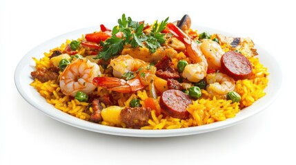 A plate of traditional Spanish paella with saffron-infused rice, chicken, chorizo