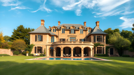Colorful stone luxury house with pool in the garden