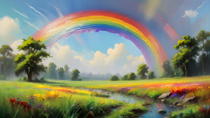 Obraz premium Beautiful landscape with rainbow 