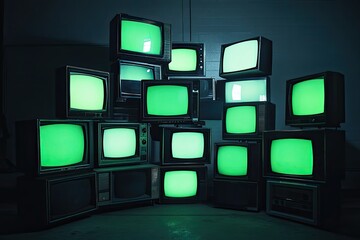 stack of retro televisions with glowing green screens arranged in dark room evoking nostalgia