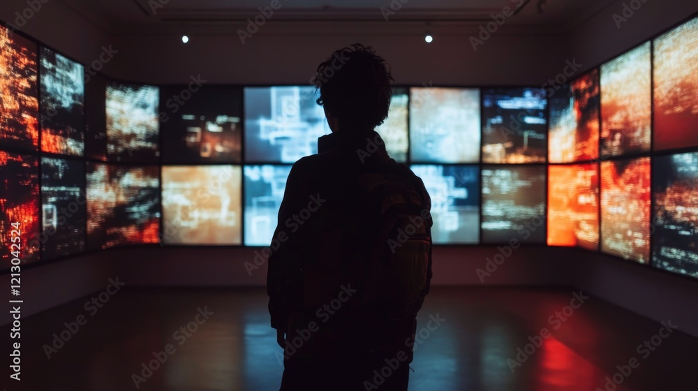 Poster silhouette of a person standing in front of multiple monitors displaying dynamic digital content