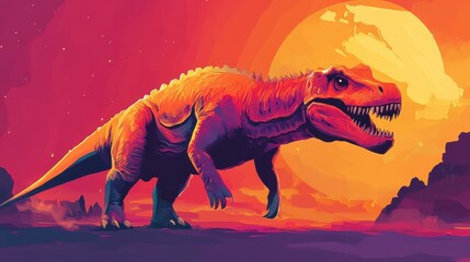 Fiery Dinosaur Roams Prehistoric Sunset Landscape