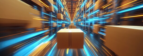 3D rendering of cardboard boxes moving on a blurred background with a warehouse, and blue and yellow light streaks. Concept for a fast delivery service or logistics shipping system technology.