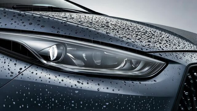 Detailed close-up of a car headlight with water droplets reflecting light during rainy weather
