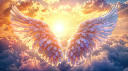 Majestic white angel wings illuminated by golden sunlight against sunset clouds, symbolizing spiritual enlightenment, divine protection, and celestial transformation in ethereal atmosphere