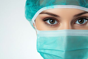 woman wearing a green surgical mask. The mask is blue and white. The woman has brown eyes