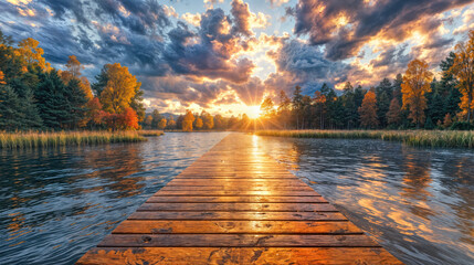 sunset over wooden pier stretching across tranquil lake, surrounded by colorful autumn foliage and clouds, with golden sunburst reflecting on rippling water