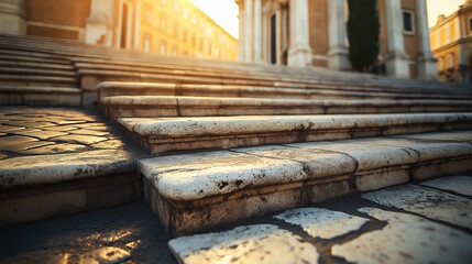 Stone steps leading to antique church entrance bathed in golden sunlight, emphasizing texture and age. Concept of spiritual journey, history, and faith during Jubilee 2025