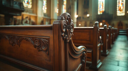 Close-up of an intricately carved wooden church pew with blurred stained glass in the background. Concept of craftsmanship, devotion, and sacred gathering during Jubilee 2025