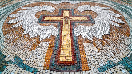 Elaborate floor mosaic of a cross with angelic wings symbolizing faith and divinity in a church. Concept of religious symbolism, artistry, and spiritual inspiration during Jubilee 2025