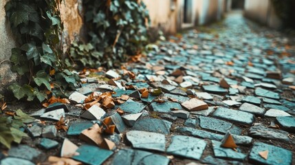 A weathered stone pathway with leaves and ivy gives a vintage feel to the image