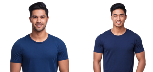Male fashion model wearing navy blue t-shirt in studio environment fashion photography, isolated on white or transparent background