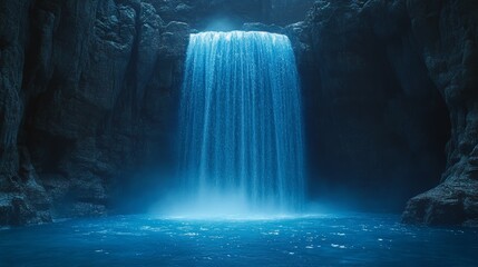 Water tumbles gracefully from heights into a serene, luminous pool below