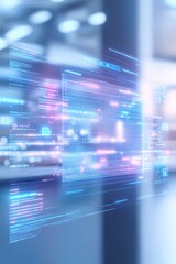 modern fintech environment featuring holographic interfaces displaying blockchain technology applications