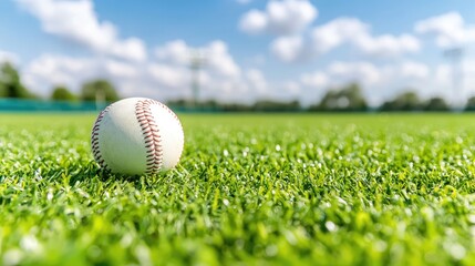 Baseball on field, sunny day, game preparation, outdoor background, sports imagery