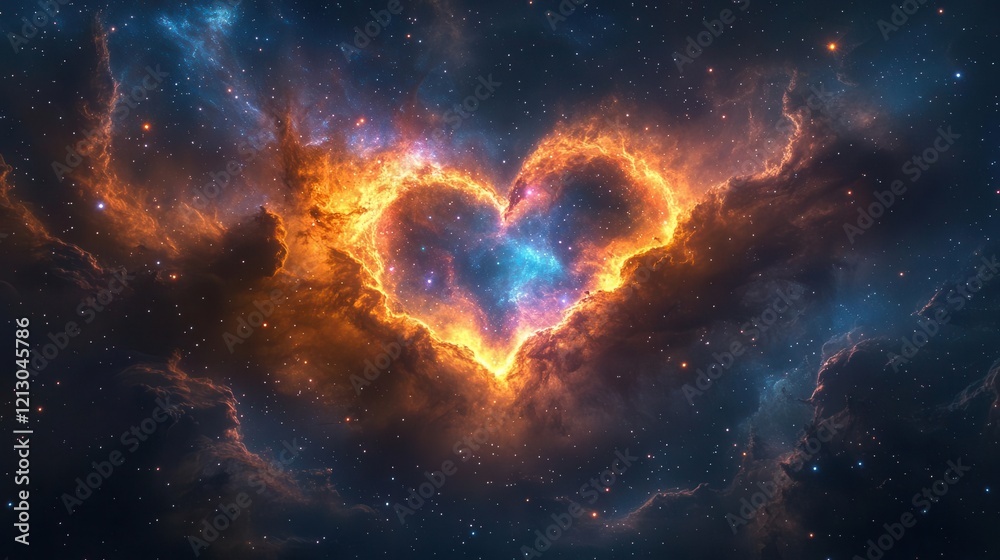 Wall mural cosmic nebula forming a luminous heart shape with swirling stars and colorful gas clouds creating a 