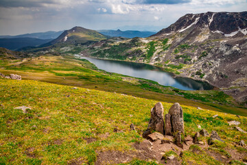 Stunning Green and Wildflowers above Gardner Lake on the Beartooth Pass, Beartooth Highway, Wyoming, USA
