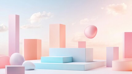 Fototapeta premium vibrant podium in pastel tones surrounded by dynamic geometric shapes and floating elements in surreal studio