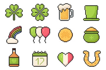 saint patrick day pixel icon set, 90s, 80s, arcade game style, 17 march, clover, beer mug, hat, rainbow, balloon, coin, pot with gold, whiskey, calendar, heart, horse shoe, vector illustration