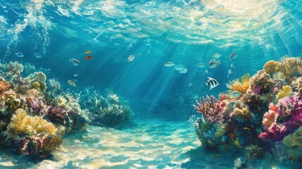 Naklejka premium A vibrant coral reef beneath clear turquoise waters, with schools of fish swimming between the coral. 