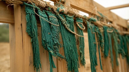 Rustic Green Rope Tassels Hanging Wooden Fence