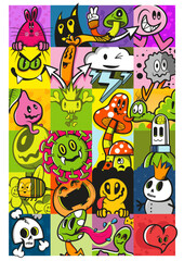 This artwork features a collage of whimsical cartoon characters displayed in bright colors and playful patterns. Various quirky and expressive designs capture imagination and fun.