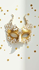 Elegant golden masquerade mask with decorative swirls and confetti on light background