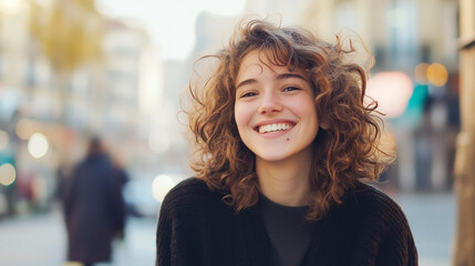 A young woman with curly hair, smiling and enjoying the city atmosphere, captured in a vibrant urban environment. curly hair, young woman, city portrait, urban environment, city ba