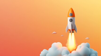 Obraz premium A Vibrant Rocket Launch into a Sunset Sky - A vibrant orange and white rocket blasts off, symbolizing growth, innovation, ambition, success, and freedom. A stunning sunset backdrop adds to the inspir