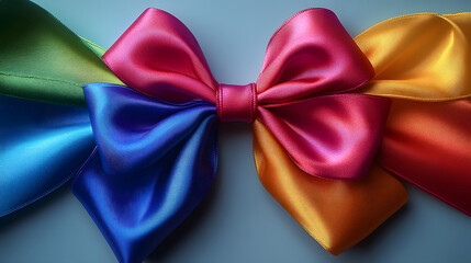 A colorful rainbow satin pride bow for gift and present wrapping promoting unity, diversity and LGBTQ inclusion in a beautiful ribbon
