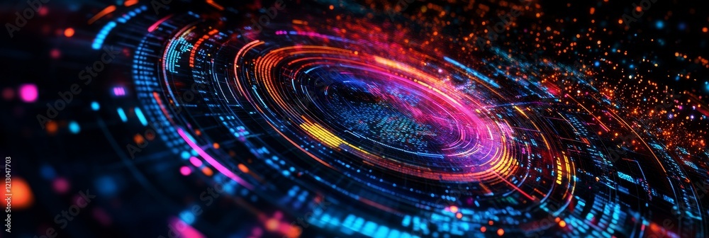 Poster abstract digital technology background - vibrant circular display of digital data streams and glowin