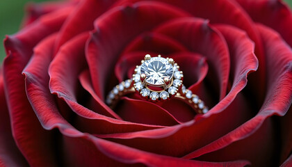 Engagement ring with diamond sparkling in the center of red rose petals