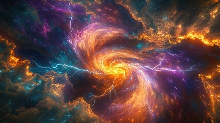 A radiant cosmic storm swirling with vibrant colors in the void of space