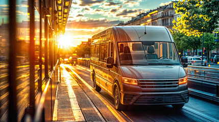 Modern commercial van on urban street during golden sunset with glowing city lights. Professional logistics and delivery vehicle reflecting warm evening sunlight against architecture background.