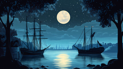 Moonlit harbor art deco scene with ships tranquil waters nighttime view elegant aesthetic. Midnight Harbor. Illustration