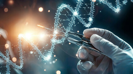 CRISPR scissors slicing through a glowing DNA strand, intricate gene sequences floating in mid-air