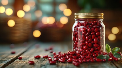 Red beans in jar on rustic table with bokeh lights.