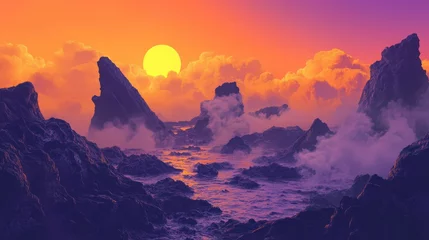 Selbstklebende Fototapeten A serene landscape with rocky formations under a vibrant orange and purple sunset © Khaisan