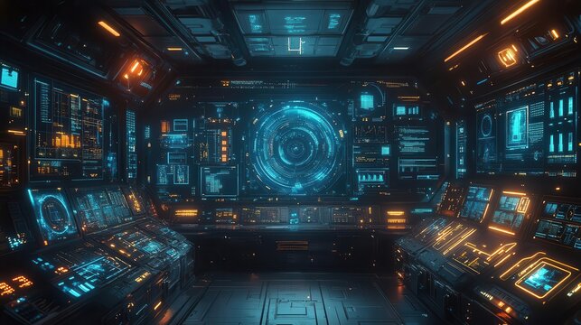 cybersecurity command center with holographic displays neon blue interface elements at night