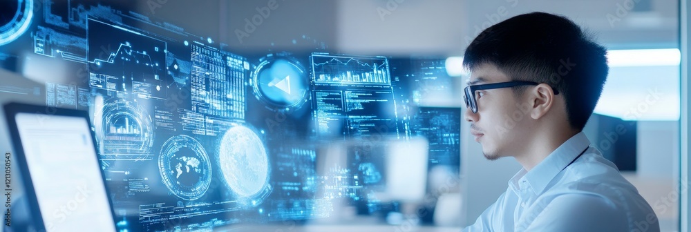 Poster data analyst working on computer - a focused data analyst reviews digital information displayed on a