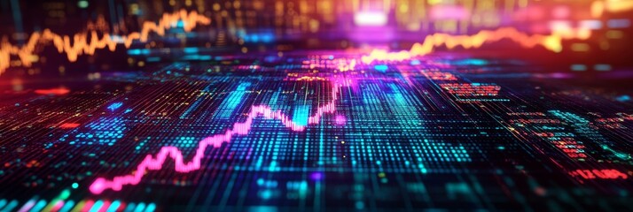 Obraz premium Digital Market Trends Visualization - Abstract image depicting vibrant glowing lines and data points forming dynamic stock market charts, representing digital market trends and data analysis.