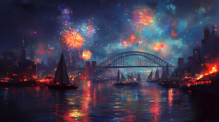 Obraz premium Sydney harbour bridge new years eve fireworks, colourful nye fire works lighting the night skies with vivid multi colours nsw australia. Midnight Harbor. Illustration