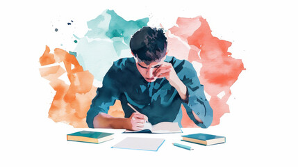 Focused Student Studying at Desk - A young person intently studies at a desk, surrounded by books and a notebook.  The image evokes concentration and academic pursuits.