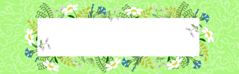 Frame with leaves, flowers, butterfly and space for text. Gentle spring-summer illustration. Background for greeting cards, posters, banners and billboards. Vector template.