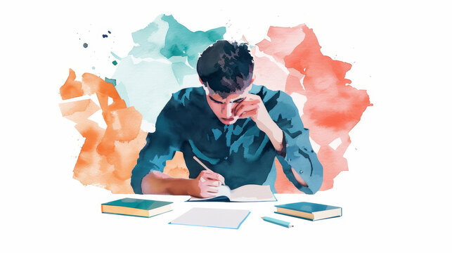 Focused Student Studying at Desk - A young person intently studies at a desk, surrounded by books and a notebook.  The image evokes concentration and academic pursuits.