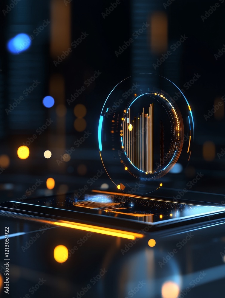 Poster futuristic data sphere - abstract image of a glowing data sphere hovering above a dark technological