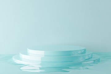 Blank Blue Round Stone Podium in Water on Blue Background Product Presentation Stand Mockup Minimalism