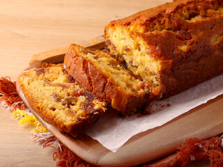 Fruit cake with cherry, pineapple and sultana, sliced