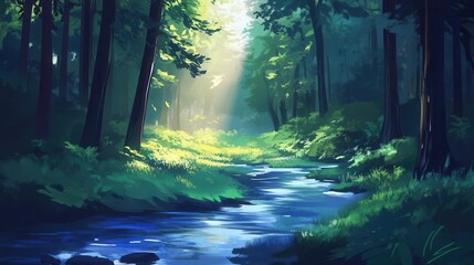 Obraz premium Serene Forest Stream Sunlight Through Trees